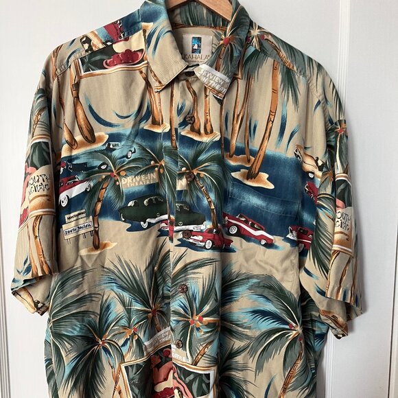 Kahala Silk Hawaiian Button Up Shirt Size XL Vintage Cars, Drive In Theater Moti - Picture 1 of 4